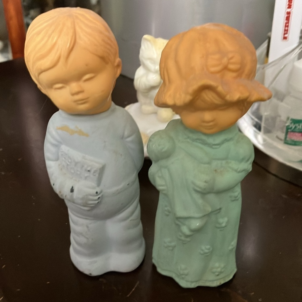 3 Vintage avon cologne bottles sweet dream girl and boy and cat on a pillow